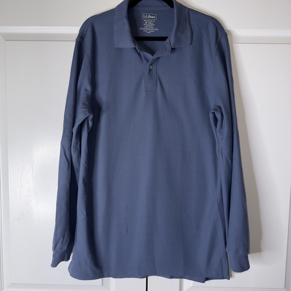 L.L. Bean Polo Shirt Mens MT Blue Long Sleeve Traditional Fit Cotton Knit Casual